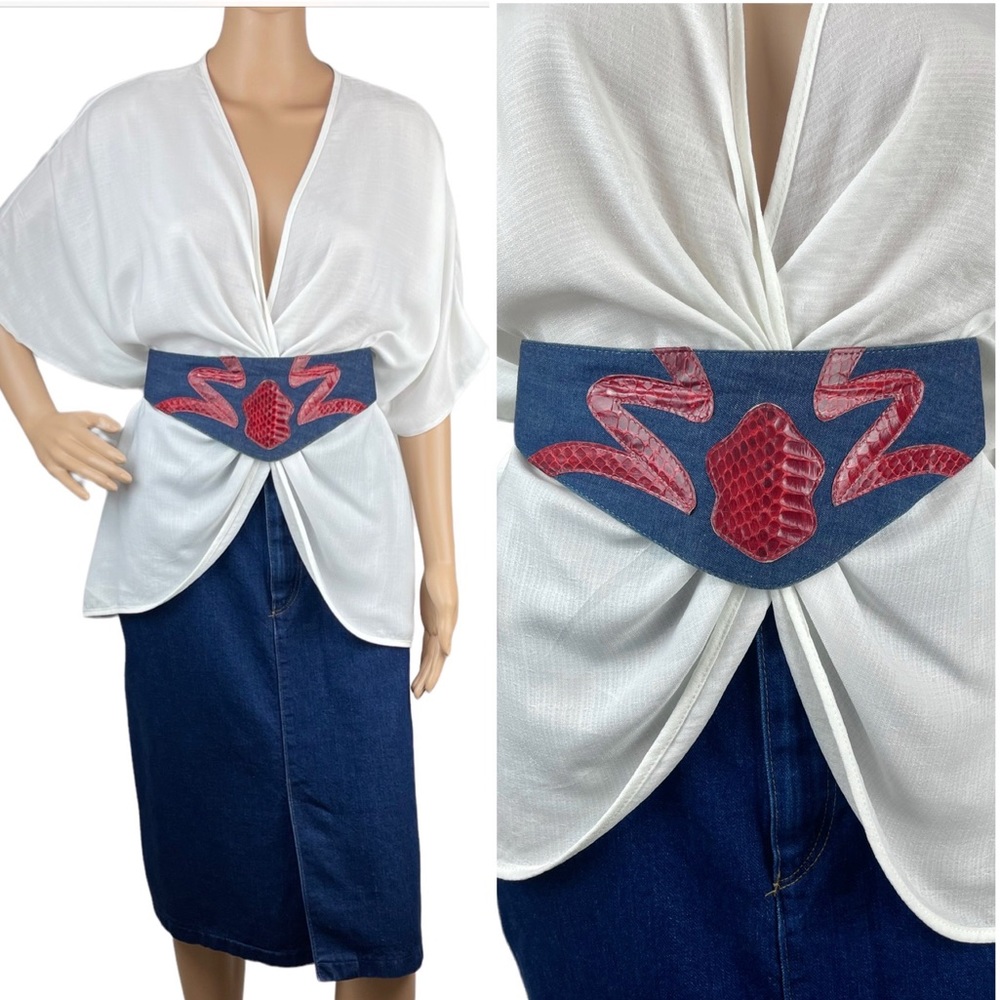 VTG 1980s Jim Heilman Wide V shaped Triangle Belt Red Denim Blue Small M…